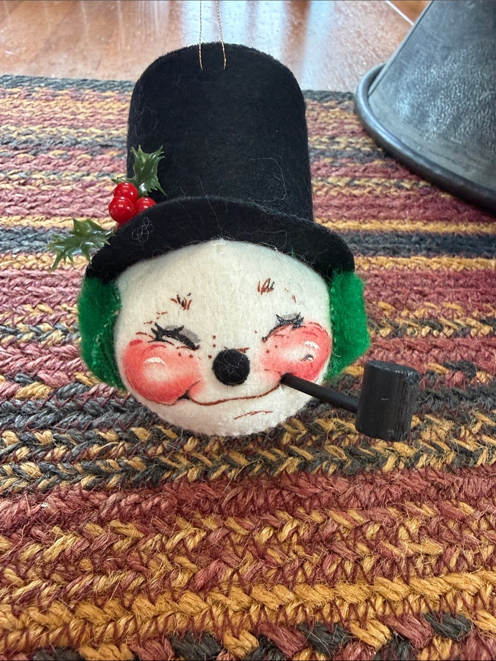 Vintage Snowman Head Ornament w/ Black Top Hat and Green Ear Muffs Annalee